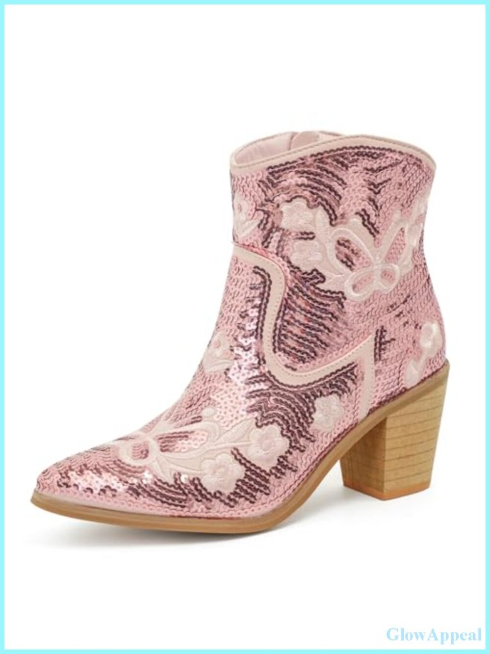 Western Ankle Cowboy Boots with Zipper Pointed Toe Booties Sequin Embroidered